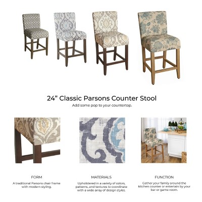 Lexie 24" Blue Floral Upholstered Counter Stool with Wood Legs