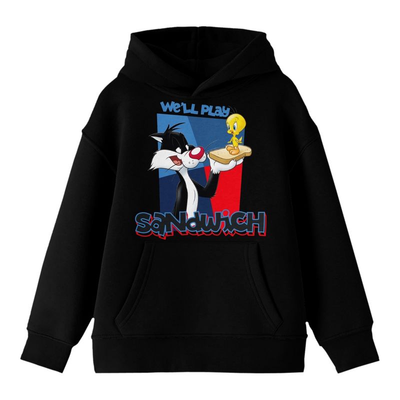 Looney Tunes Sylvester And Tweedy We'll Play Sandwich Graphic Boy's Black Hoodie, 1 of 4