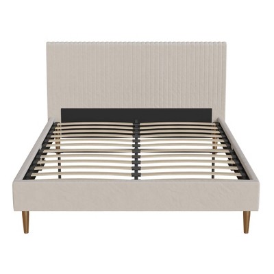 Ivory Velvet Full Upholstered Bed with Tufted Headboard and Slats