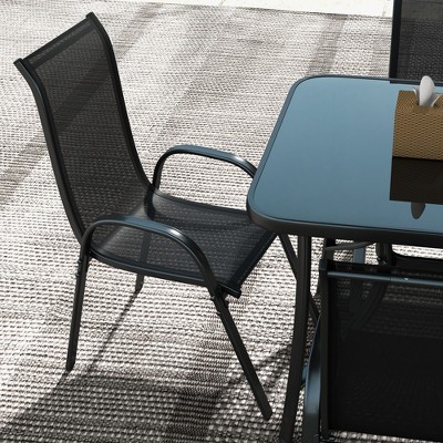 Black 6-Person Outdoor Dining Set with Glass Table and Umbrella