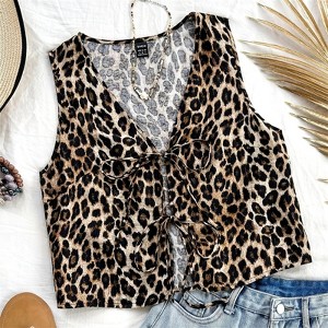 Clotth Women's Leopard Print Tie Front Vest - Boho Sleeveless V Neck Vests, Animal Print Tie-Front Outerwear - 1 of 4