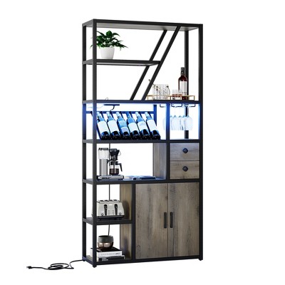 Wine Bar Cabinet with LED Lights & Power Outlets, Tall Coffee Bar Station with Wine Rack, Microwave Stand for Kitchen, Living Room