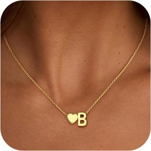 18K Gold Heart Initial Pendant Necklace Stocking Stuffer for Girls Women - 1 of 4