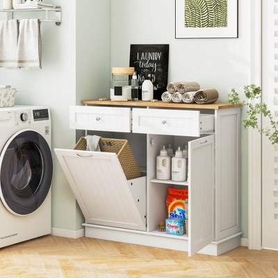 White Rubber Wood Kitchen Trash Cabinet with Adjustable Shelf