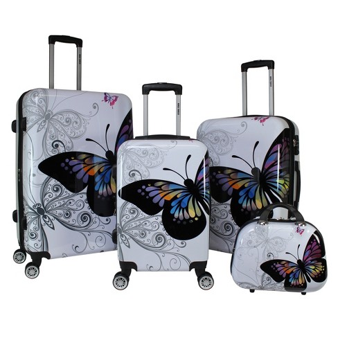 World Traveler Butterfly 4 Piece Hardside Upright Spinner Luggage Set ...