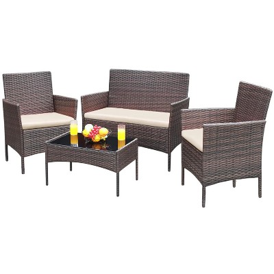 Garvee 4 Pieces Outdoor Patio Furniture Set - Rattan Table & Chairs with Soft Cushions  for Garden, Backyard, Porch