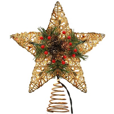 Aoibox 11 inch Vine Rattan Star Christmas Tree Topper with 10 Warm Lights UL Certified Fits Most Trees for Indoor Holiday Decor 1 Piece