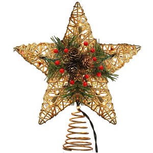 Aoibox 11 inch Vine Rattan Star Christmas Tree Topper with 10 Warm Lights UL Certified Fits Most Trees for Indoor Holiday Decor 1 Piece - 1 of 4