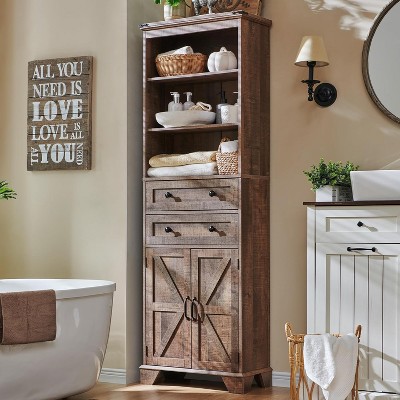 SinCiDo 72" Tall Farmhouse Bathroom Storage Cabinet, Adjustable Shelves & Barn Door & 2 Drawers for Bathroom, Living Room, Kitchen