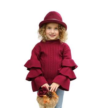 Girls Burgundy Bliss Tiered Sleeve Cable Knit Sweater - Mia Belle Girls
