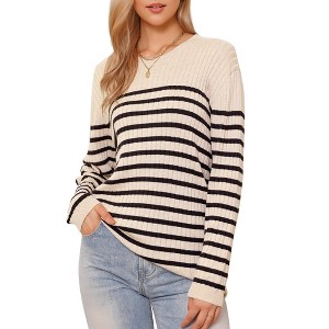 INSPIRE CHIC Women's Drop Shoulder Crew Neck Long Sleeve Color Block Knitted Tops - 1 of 4