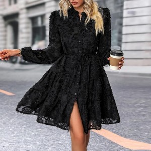 Womens Long Sleeve Fall Dresses Button Up Empire Waist with Belt A-Line Mini Dress Casual Fall Winter Dress - 1 of 4