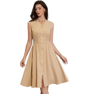 INSPIRE CHIC Women's Work Smocked Waist Front Slit Sleeveless V Neck A Line Midi Dresses - 1 of 4