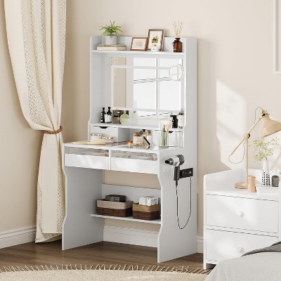 Vanity Desk with LED Lighted Mirror, Power Outlet & Ample Storage – Makeup Vanity with Adjustable Brightness and 4 Drawers for Bedroom