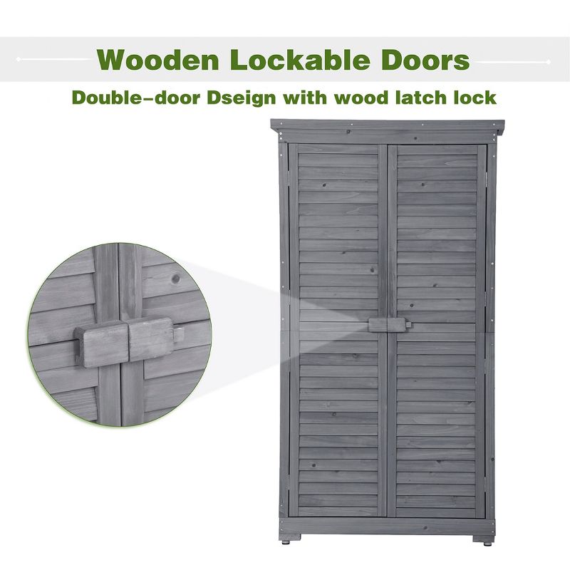 3-tier Patio Fir Wood Storage Cabinet, Outdoor Organizer Wooden Lockers with Shutter Design-ModernLuxe, 5 of 12