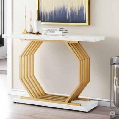 Syemin Console Tables Marble Entryway Narrow Sofa Table, Modern Accent Entrance Table, Behind Couch Entry Foyer Storage, Brown, 39.37"*11.6"*31.5"