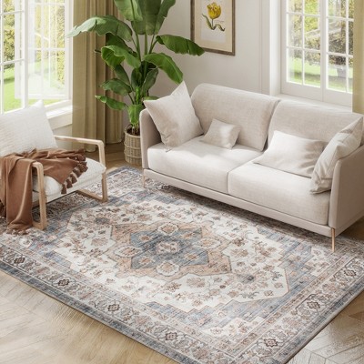 HOMCOM 5x7 Area Rug, Vintage Machine Washable Rug, Non-Slip Low Pile Carpet for Living Room, Bedroom, Dining Room, Home Office, Brown and Light Blue