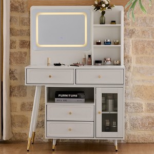 QingMoon Retractable Makeup Vanity with Mirror, Dressing Table Set with Stool, Drawers and Side Cabinet, for Bedroom - 1 of 4