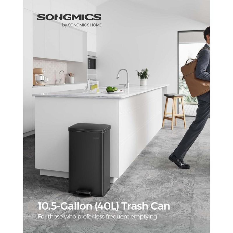 SONGMICS Kitchen Trash Can, 10.5 Gallon Garbage Can, Large Step Trash Bin with Lid, Stainless Steel, Soft Close, 15 Trash Bags Included, 2 of 8