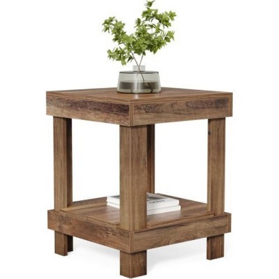 Syemin End Tables 2-Tier Wooden End Table with Open Storage Shelves Farmhouse Square Side Table for Living Room, Beige, 19.69"*19.69"*25.59"