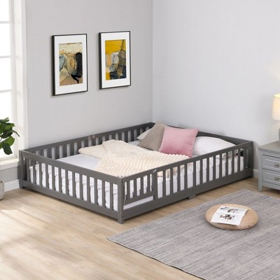 CAVINAS Kids Toddler Bed with Door,Full/Twin/Queen Size Floor Bed with Fence,Montessori Bed for Bedroom Playroom,Brown/White/Gray