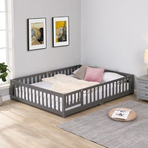CAVINAS Kids Toddler Bed with Door,Full/Twin/Queen Size Floor Bed with Fence,Montessori Bed for Bedroom Playroom,Brown/White/Gray - 1 of 4