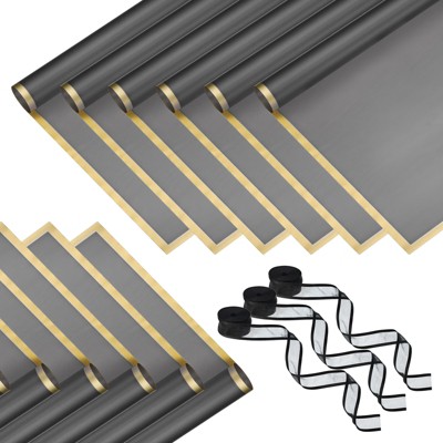 Unique Bargains Plastic Golden Edge Bouquet Flower Wrapping Paper 3 Packs with 3 Rolls Ribbons Gray