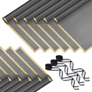Unique Bargains Plastic Golden Edge Bouquet Flower Wrapping Paper 3 Packs with 3 Rolls Ribbons Gray - 1 of 4