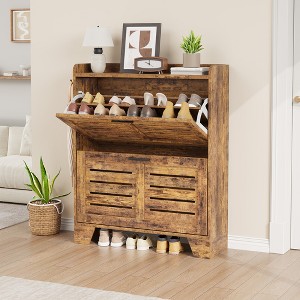 Shoe Cabinet with 2 Flip Down Drawers & Hooks，Narrow Entryway Shoe Storage Organizer for Small Spaces, Hallways, and Front Doors, Country Brown - 1 of 4