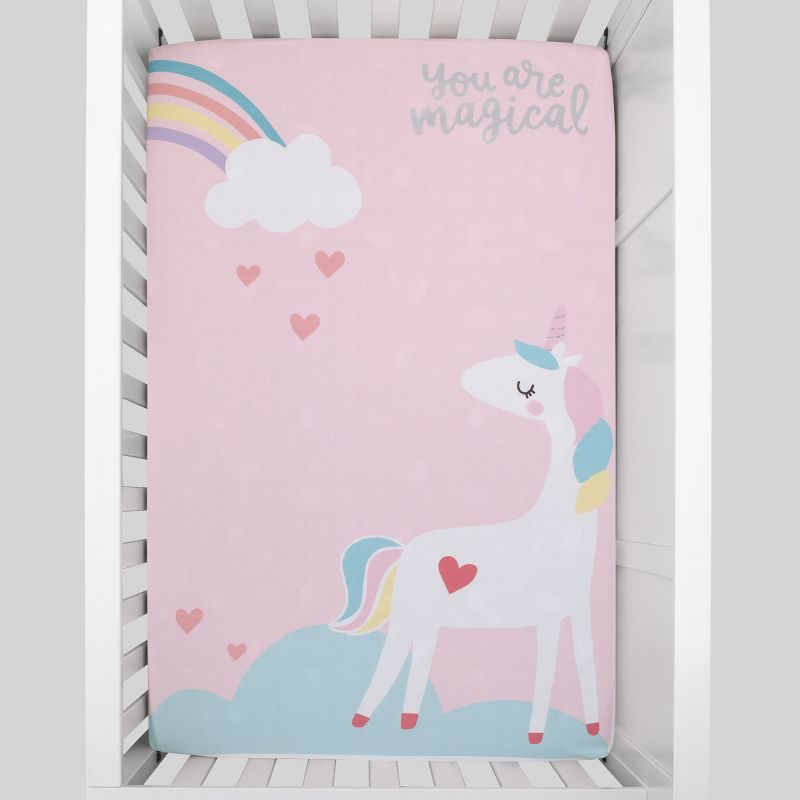 Little Love by NoJo Rainbow Unicorn Multi Colored You Are Magical Photo Op Fitted Mini Crib Sheet, 2 of 5