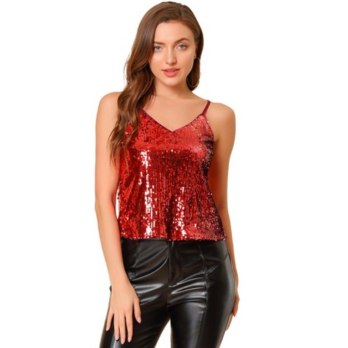 Allegra K Women's Sequined Shining Club Party Sparkle Cami Top Red ...