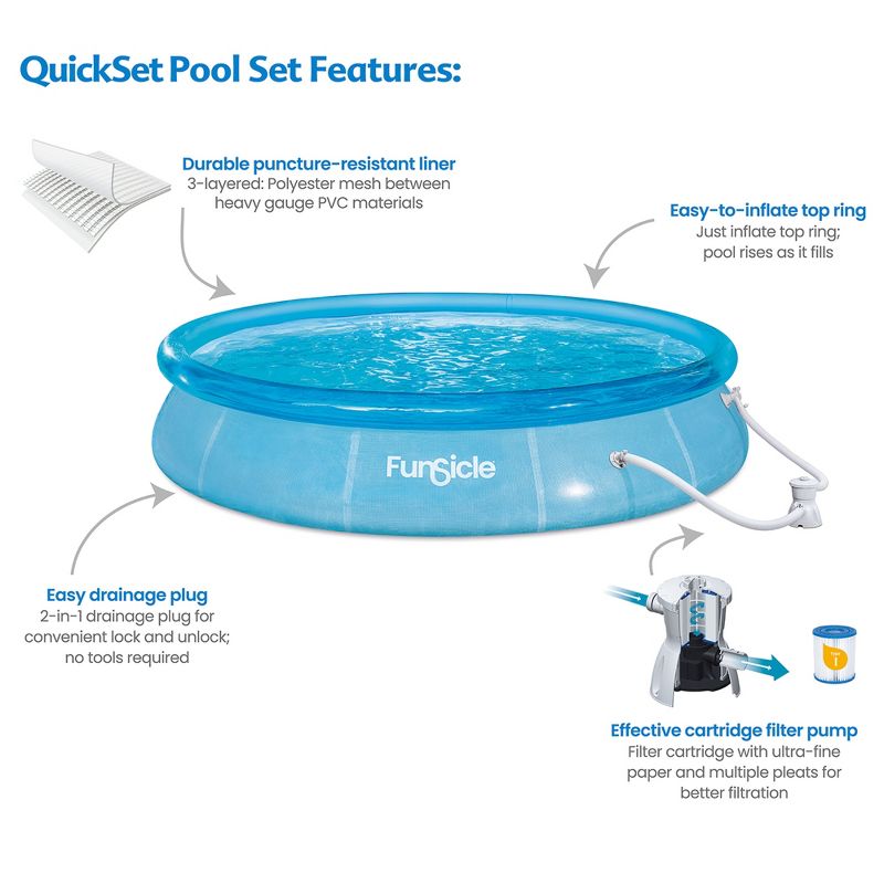 Funsicle 12' x 30" Sea-Thru QuickSet Round Inflatable Ring Top Outdoor Above Ground Swimming Pool Set with Pump and Cartridge Filter, Blue, 4 of 8