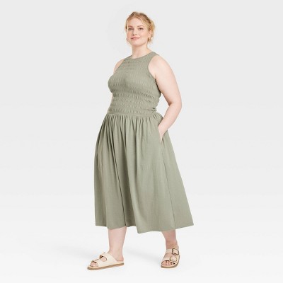 Women's Smocked Knit Maxi A-Line Dress - Universal Thread™ Olive Green 3X