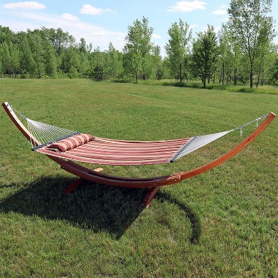 Red Stripe Quilted Double Fabric Hammock with Curved Wood Stand