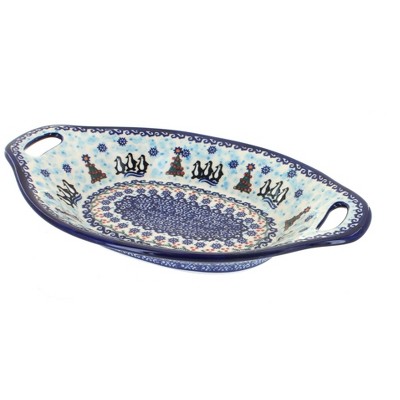 Blue Rose Polish Pottery Arctic Holidays Bread Tray with Handles