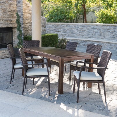 GDFStudio Oswald Outdoor 7 Piece Acacia Wood and Wicker Dining Set with Cushion, Brown/Cream