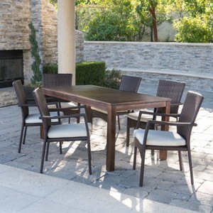 GDFStudio Oswald Outdoor 7 Piece Acacia Wood and Wicker Dining Set with Cushion, Brown/Cream - 1 of 4