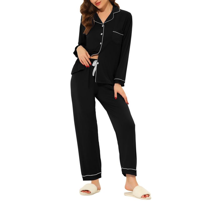 cheibear Women's Long Sleeves Pants Button Down Lounge Pajamas Set, 2 of 6