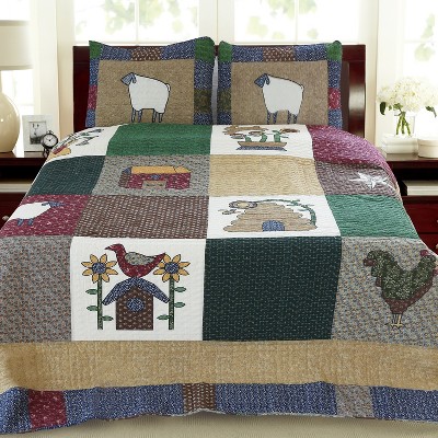 Pastoral Style Patchwork Farm Animal Cotton Bedding Set King Size Quilt Cover & Pillowcases with Lamb, Chick Patterns, Cozy Country Cottage Bed Set