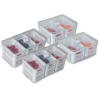 OU Fridge Organizer Bins with Drain Basket & Vented Lid, Clear Stackable Refrigerator Storage Container, Produce Kitchen Storage Bin, BPA Free