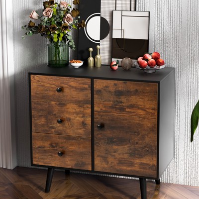 Industrial Brown Wood Accent Cabinet with Drawers and Door