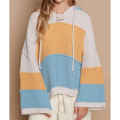 Women's V-neck Hooded Color Block Pullover Sweater - POL