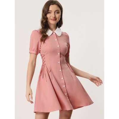 Женские платья INSPIRE CHIC Women's Vintage Peter Pan Collar Short Sleeve Button Down A-Line Mini Dress Medium Pink — фото 3