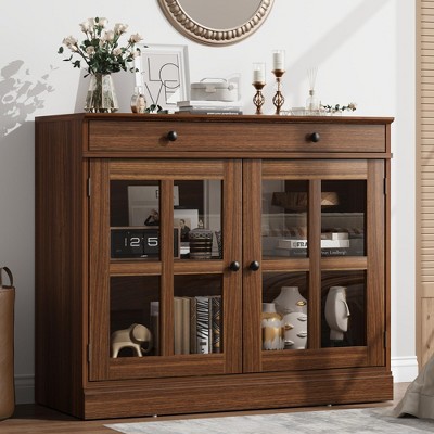 35" Sideboard Buffet Cabinet, Accent Coffee Bar Cabinet with Glass Door & Drawer, Entryway Console Table, Cupboard Storage Cabinet