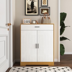 4-Tier Shoe Cabinet 1 Drawer 2 White Doors Adjustable Shelves Freestanding Entryway Hallway - 1 of 4