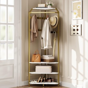 Corner Coat Rack With Shoe Bench and 6 Double Hooks, Corner Hall Tree - Clothes Rack With Storage Hall Tree With Organizer Shelf - 1 of 4