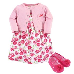 Hudson Baby Infant Girl Cotton Dress, Cardigan and Shoe 3pc Set, Pink Roses, 6-9 Months - 1 of 4