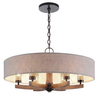 Uttermost Brown Oak Wood Chandelier 35 1/2" Wide Farmhouse Oatmeal Fabric Drum Shade 6-Light for Dining Room House Foyer Entryway