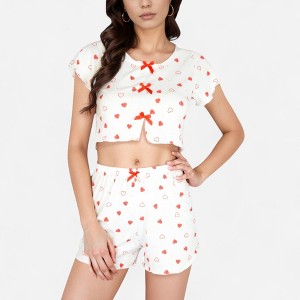 Anna-Kaci Lounge Women's Heart Print Pajama Set with Short Sleeve Cropped Top and Bow Accents with Matching Elastic Waist Shorts - 1 of 4