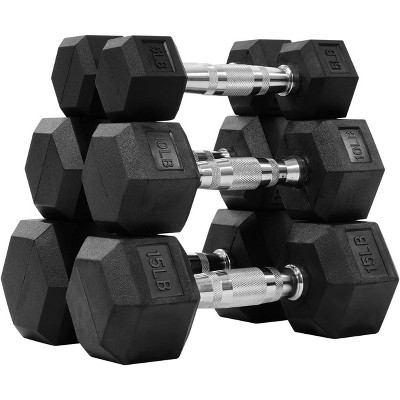 Rubber Encased Hex Dumbbell Set with Contoured Handle for Strength Training, Full Body Workout & Muscle Toning